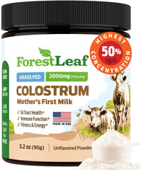ForestLeaf Colostrum powder bottle pour supports immune function and gut health.