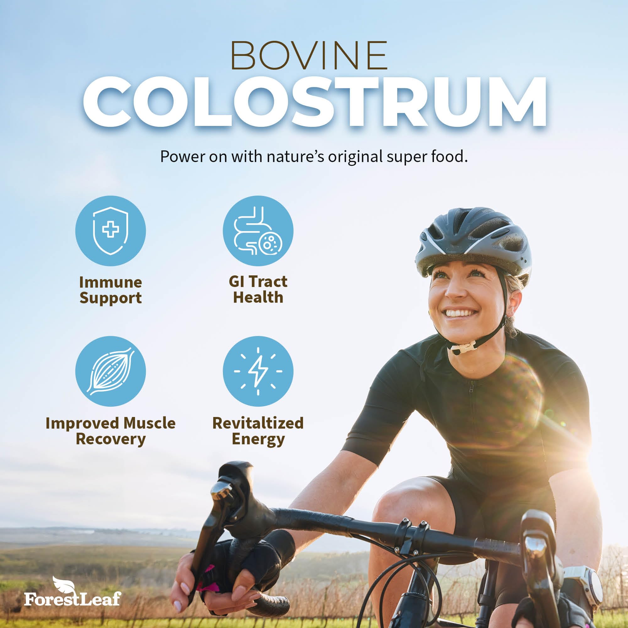 ForestLeaf Colostrum powder digestive-health visual suggests gut lining support.