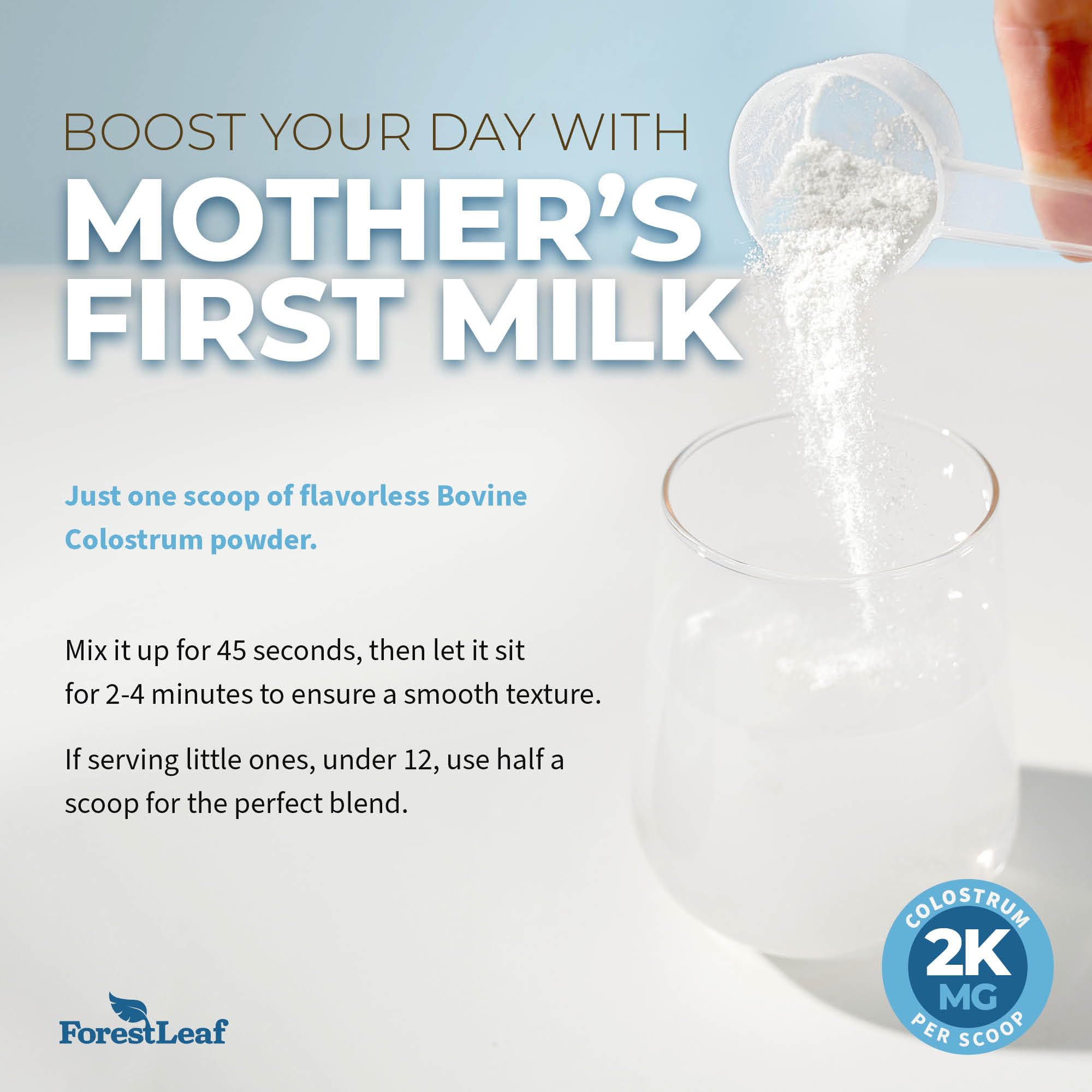 ForestLeaf Colostrum powder kitchen counter for everyday wellness routine.
