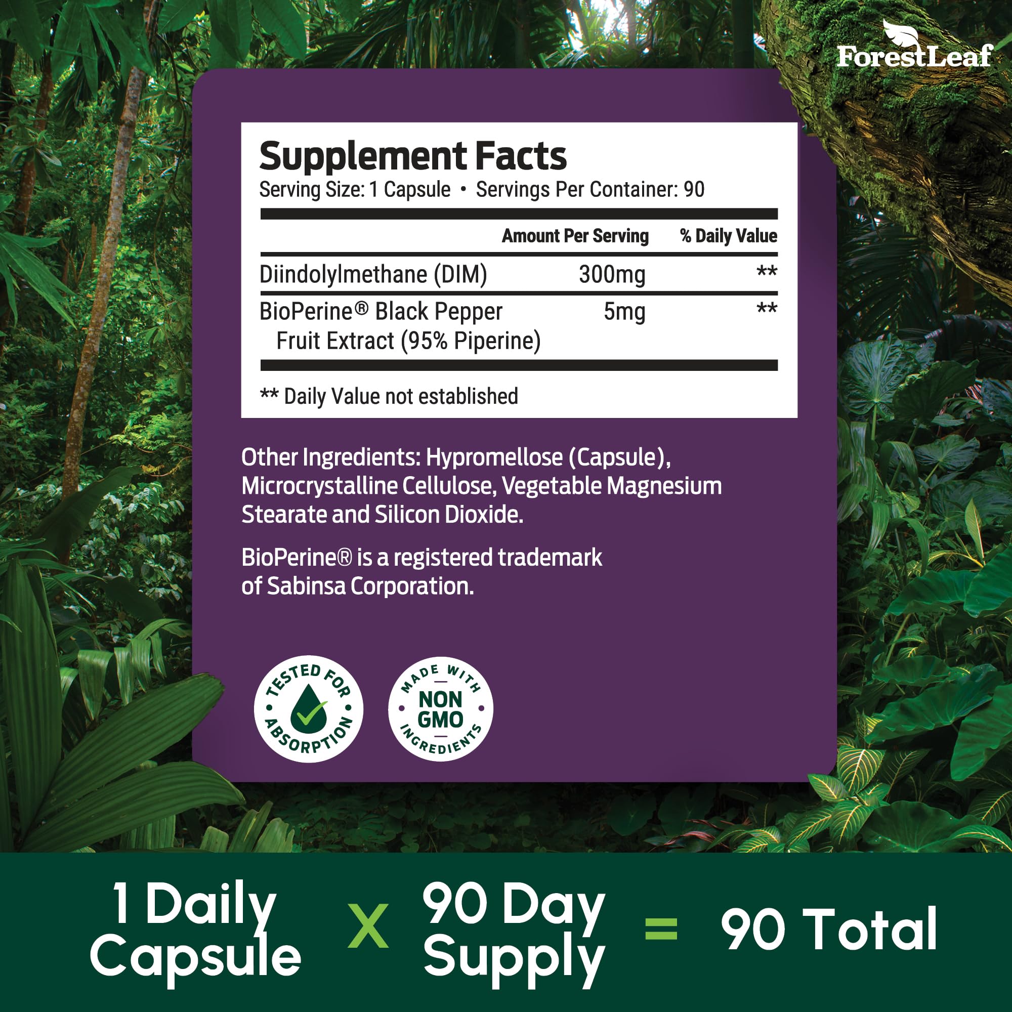 ForestLeaf DIM bottle closeup showing 300mg serving for estrogen support.