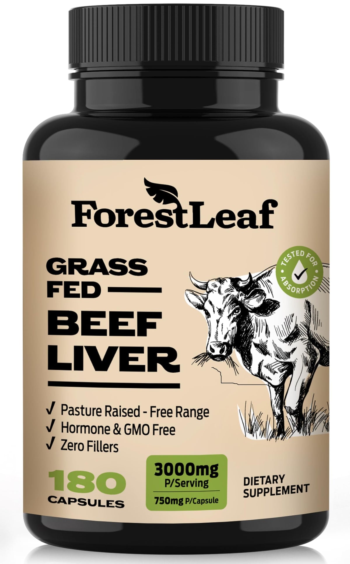 ForestLeaf Grass Fed Beef Liver Capsules bottle front view