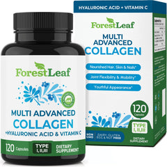 Close-up of ForestLeaf Multi Collagen bottle with Hyaluronic Acid and Vitamin C