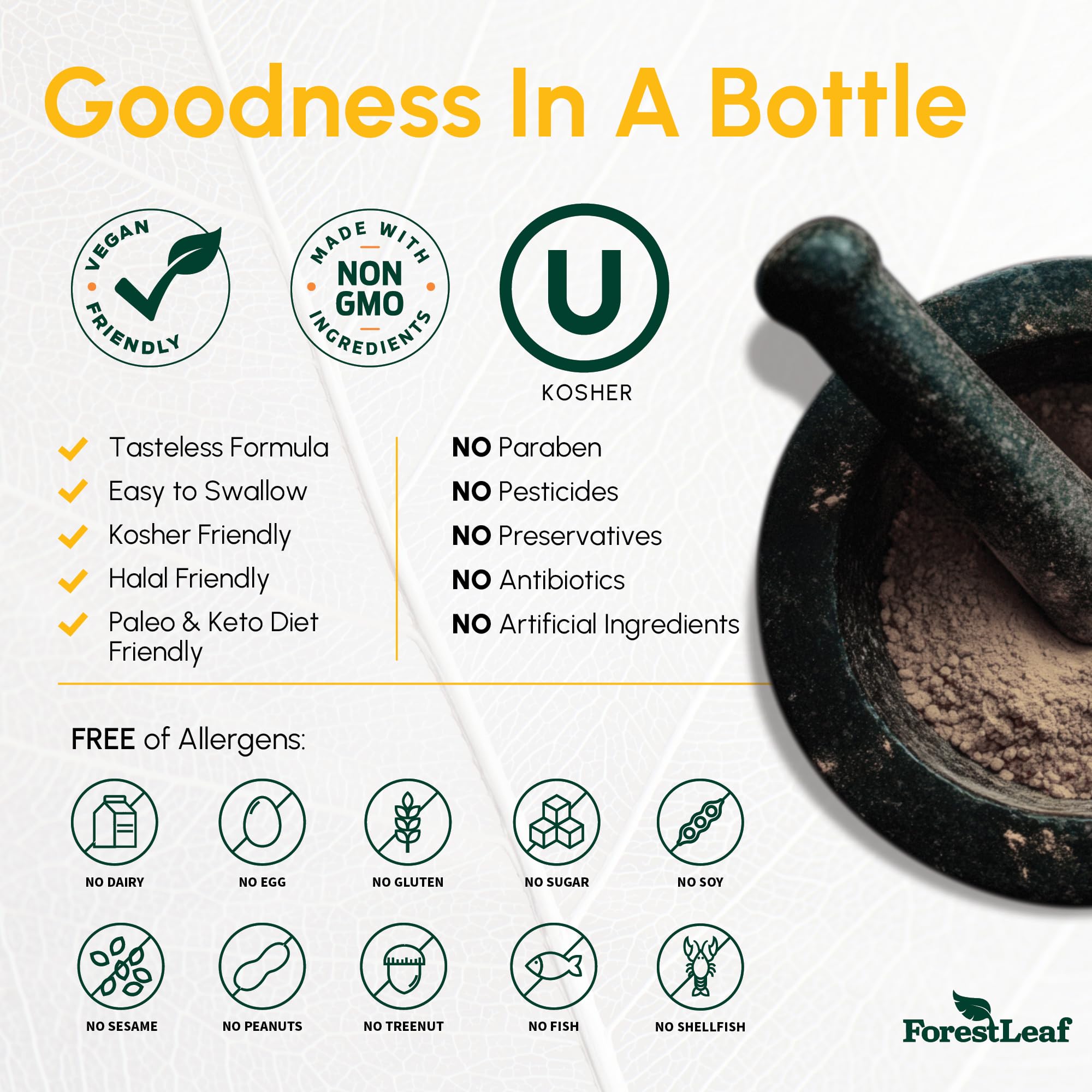 Non-GMO, soy-free, gluten-free label on bottle