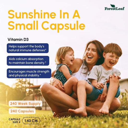 Front view of ForestLeaf Vitamin D3 50,000 IU bottle