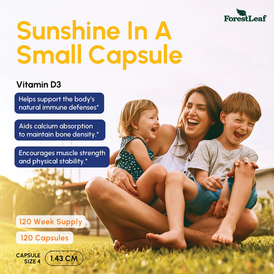 Close-up of ForestLeaf Vitamin D3 50,000 IU capsules
