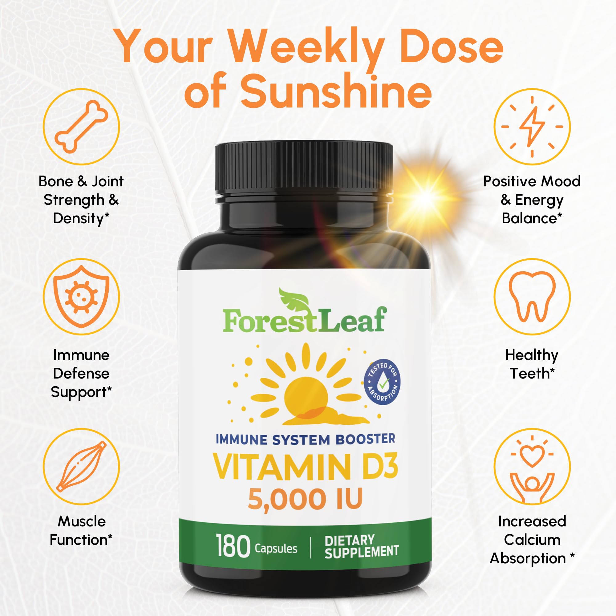 Close-up of ForestLeaf Vitamin D3 5000 IU bottle