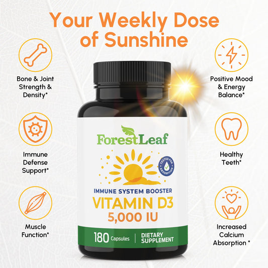 Close-up of ForestLeaf Vitamin D3 5000 IU bottle