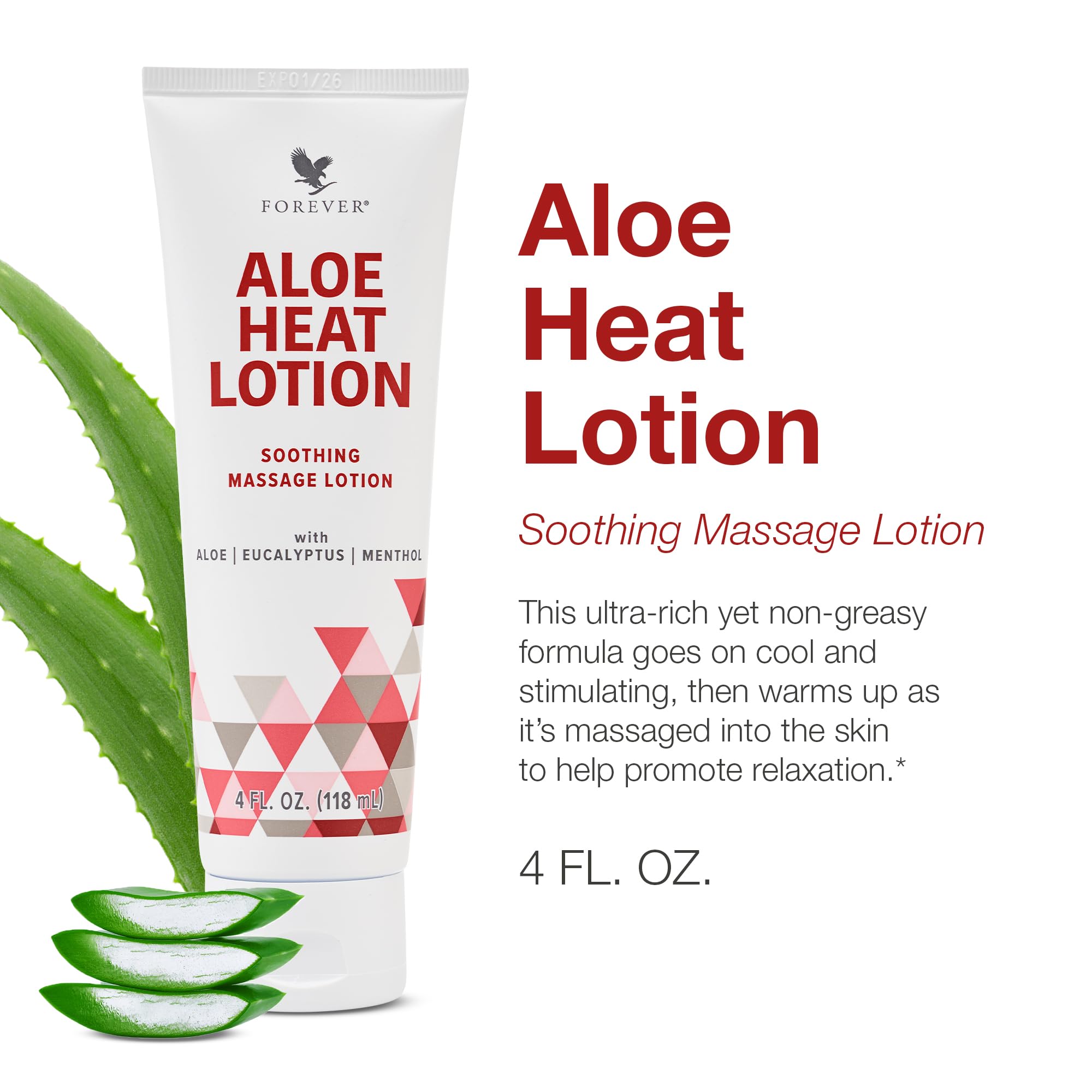 Close-up of Aloe Heat Lotion label and 4 oz size