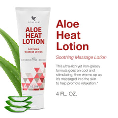 Close-up of Aloe Heat Lotion label and 4 oz size