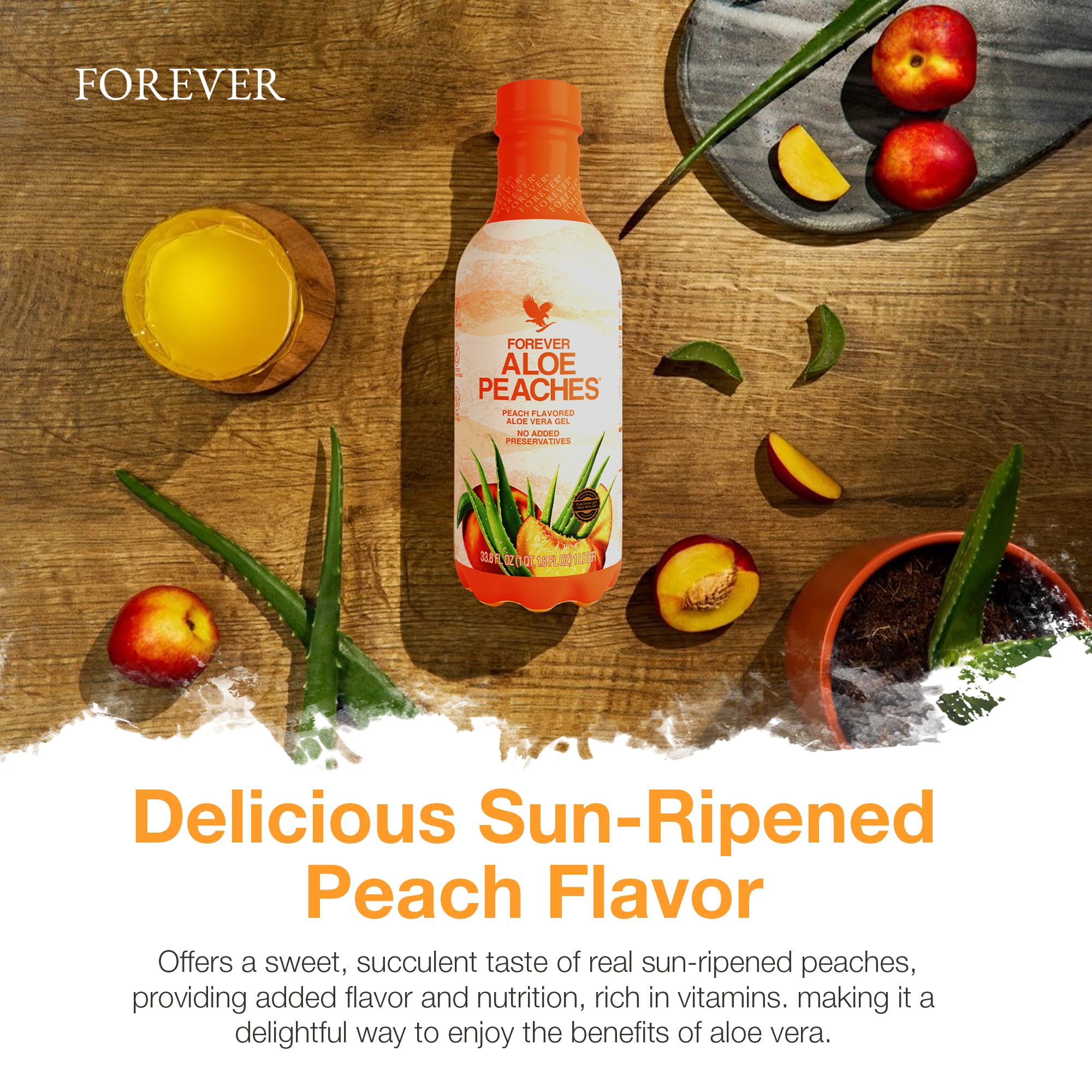 Glass of Aloe Peaches beverage with peach slices