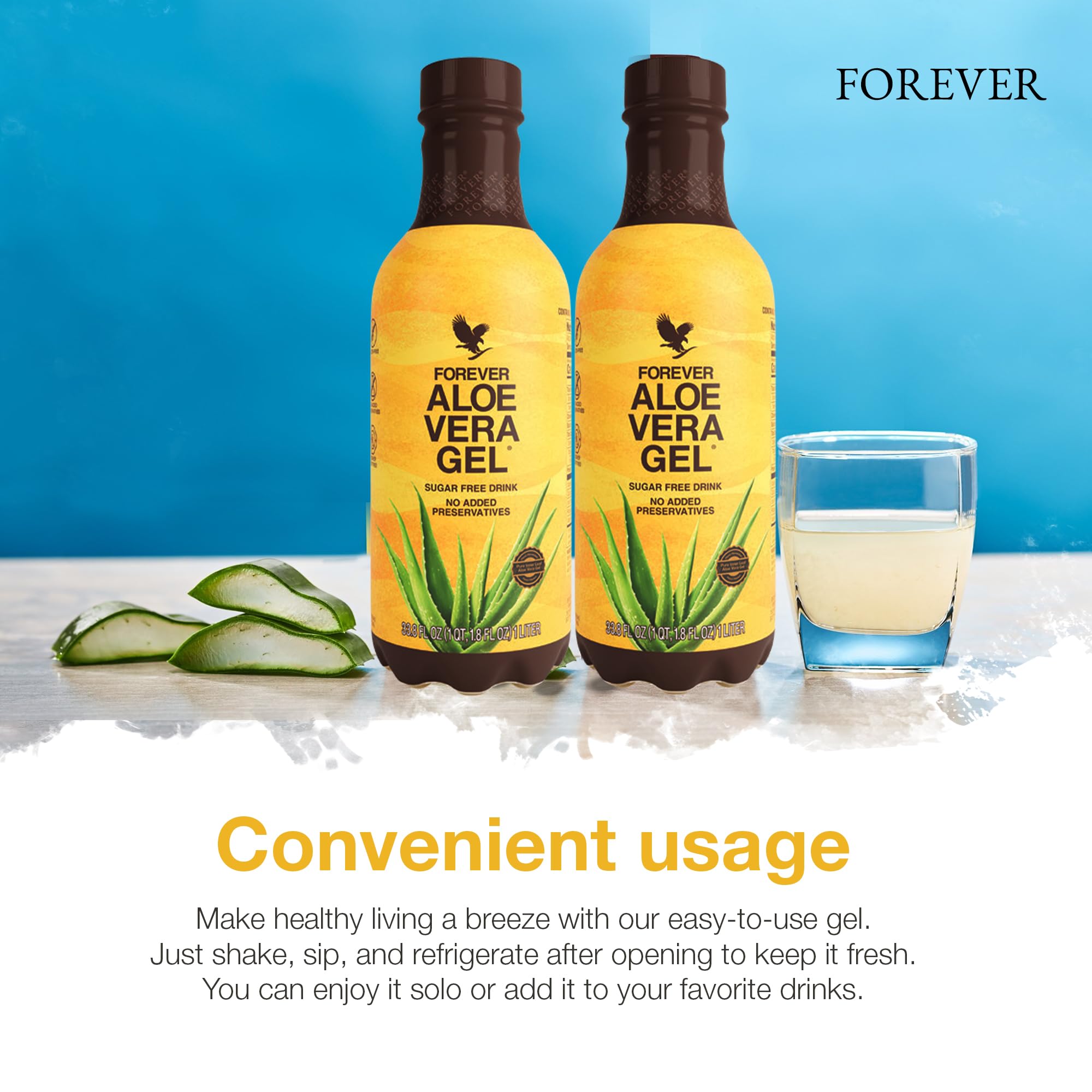 Daily-use Forever Aloe Vera Gel with drinks and routines