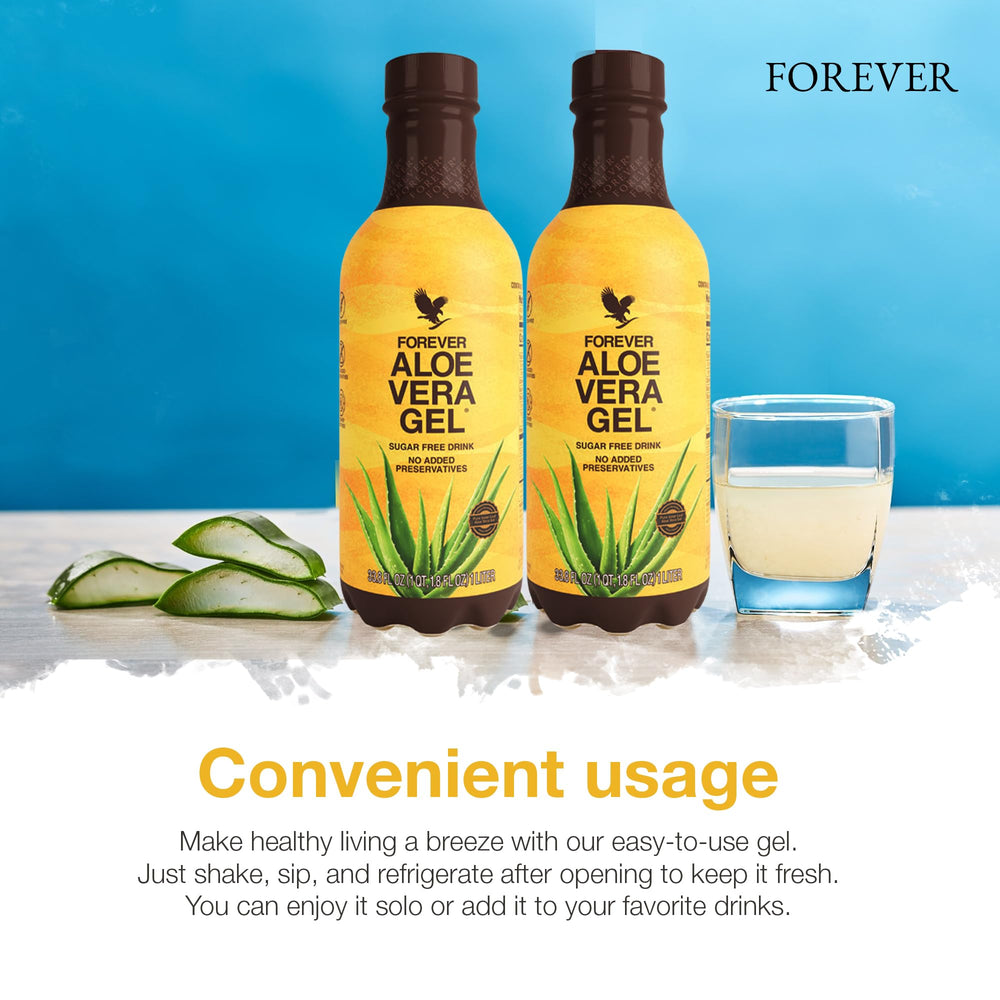 Daily-use Forever Aloe Vera Gel with drinks and routines