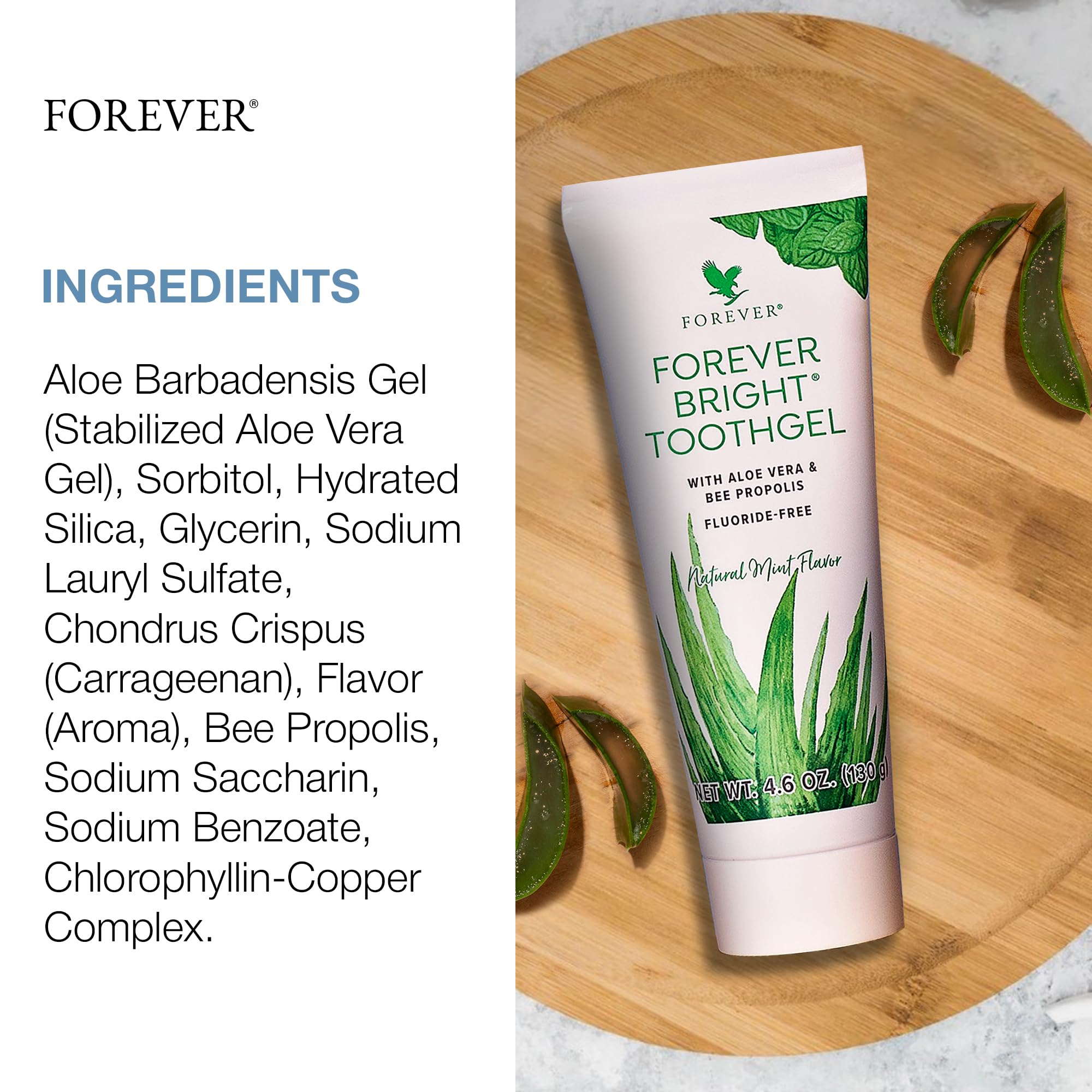 Close-up of fluoride-free Forever Bright Toothgel label