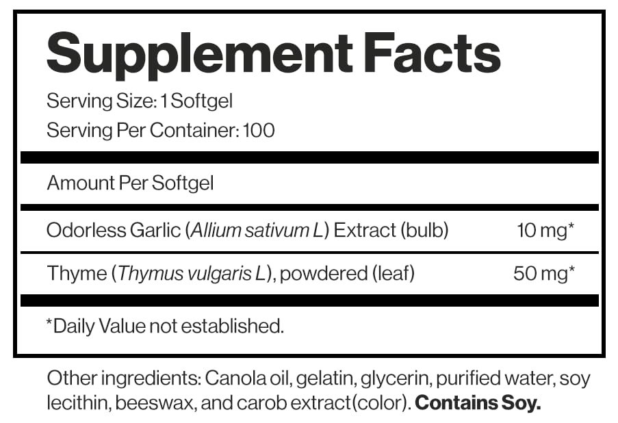 Ingredients label for Forever Garlic-Thyme softgels