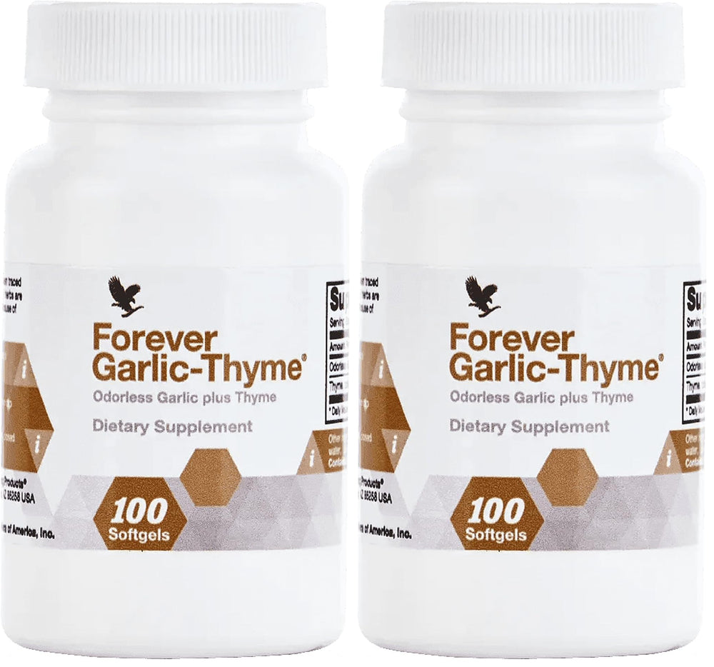 Front view of Forever Garlic-Thyme odorless softgels in pack 2