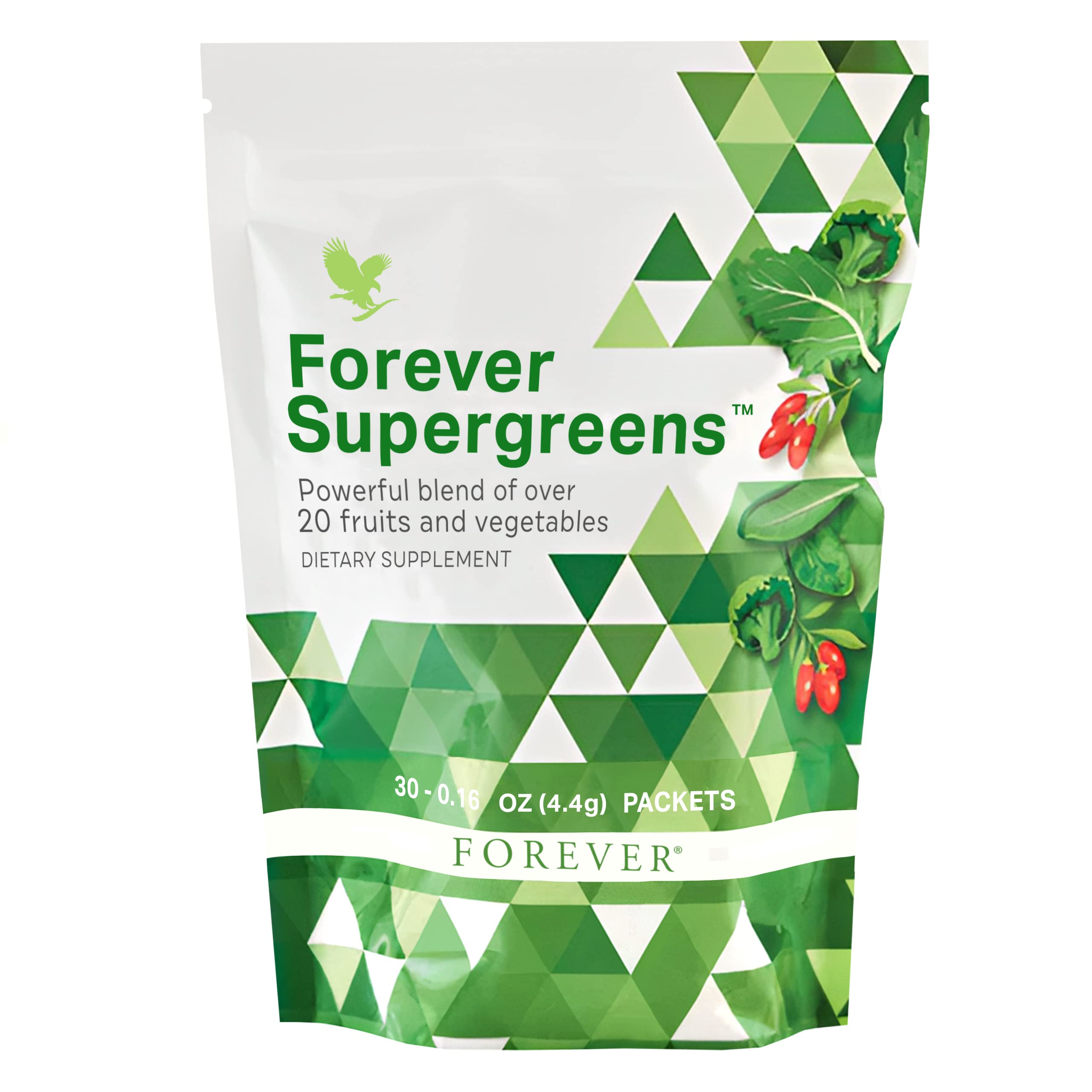 Forever Supergreens Berry-Cream flavor packaging with 30 packets