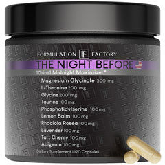 Formulation Factory The Night Before bottle on a bedside table for restful evenings.