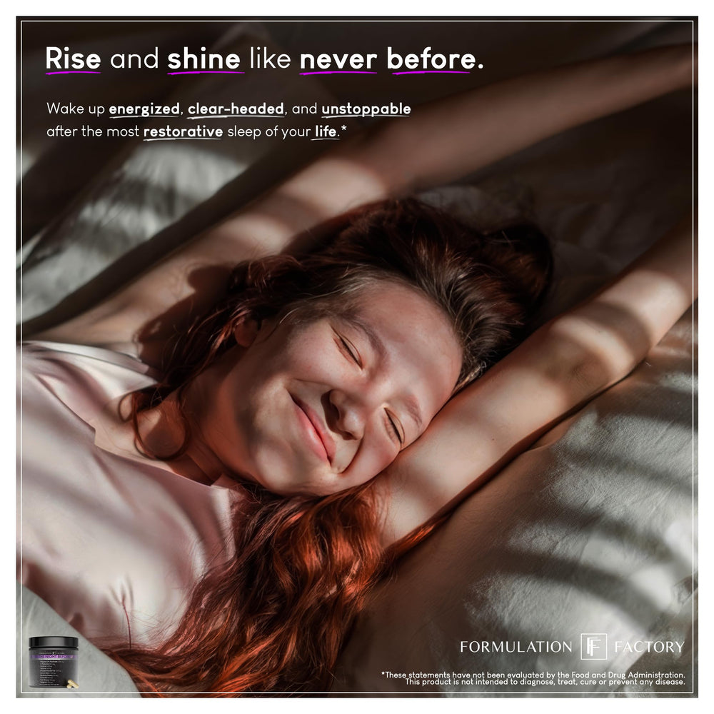 Formulation Factory The Night Before ingredients visual featuring magnesium glycinate and L-theanine.