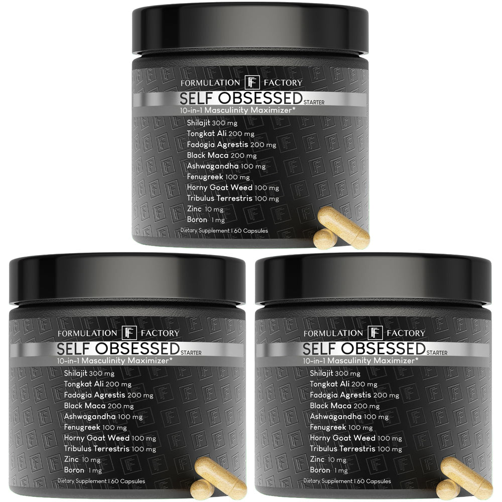 Formulation Factory Self Obsessed bottle front shows premium masculinity support for energy and drive
