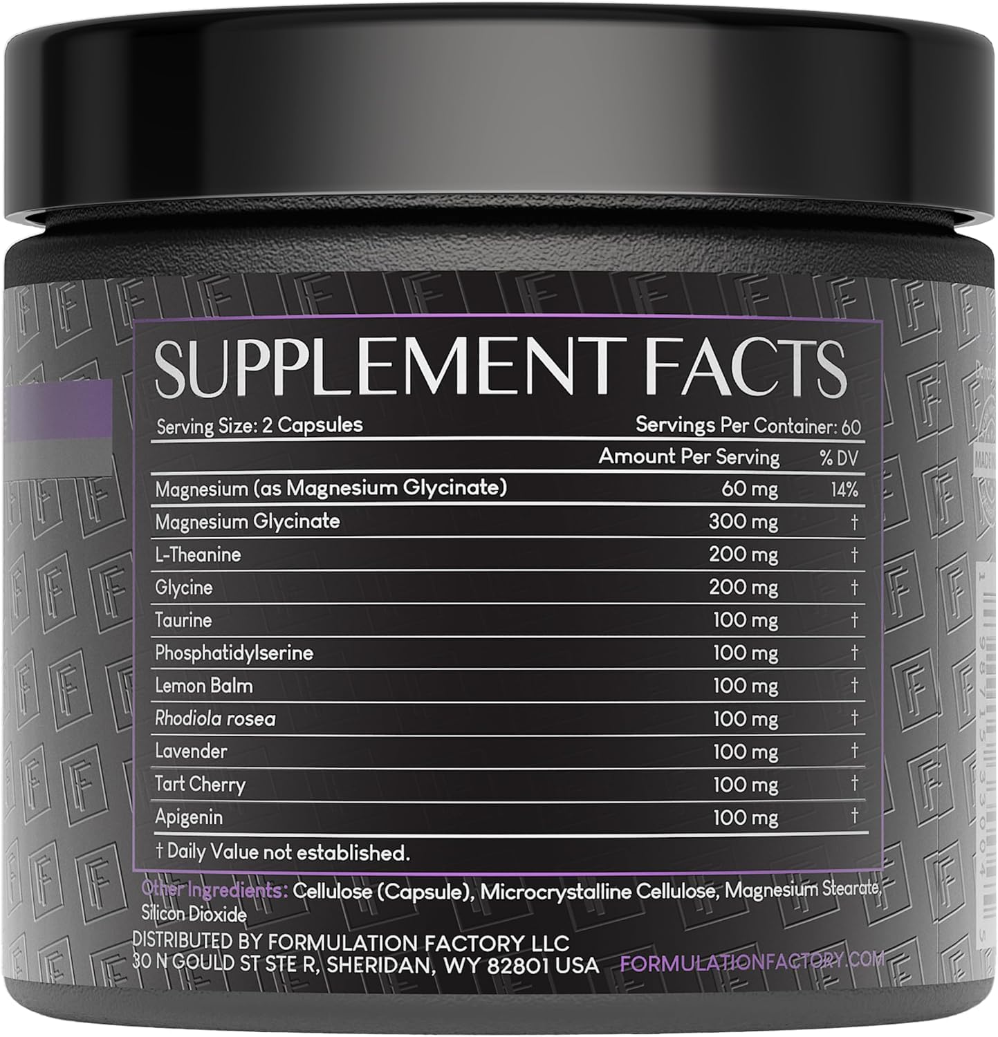 Close-up of capsules shows magnesium glycinate for gentle relaxation.
