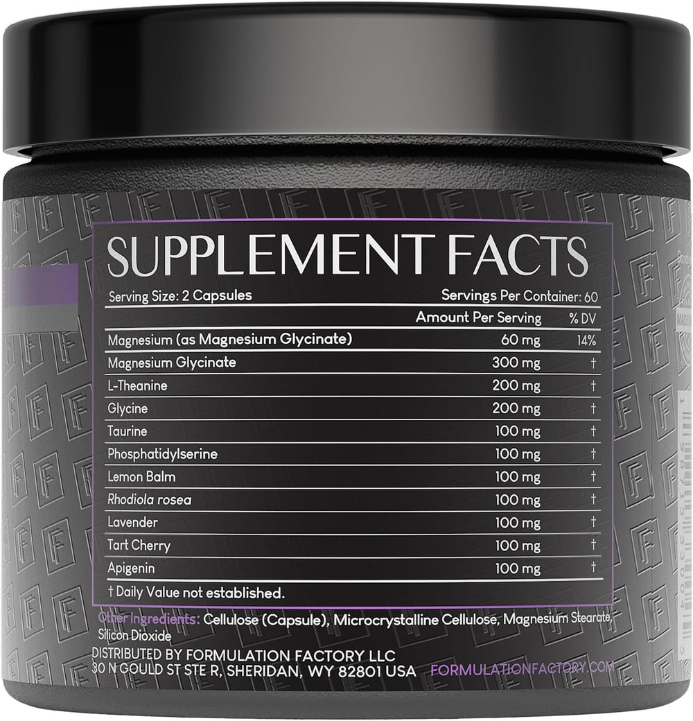 Close-up of capsules shows magnesium glycinate for gentle relaxation.