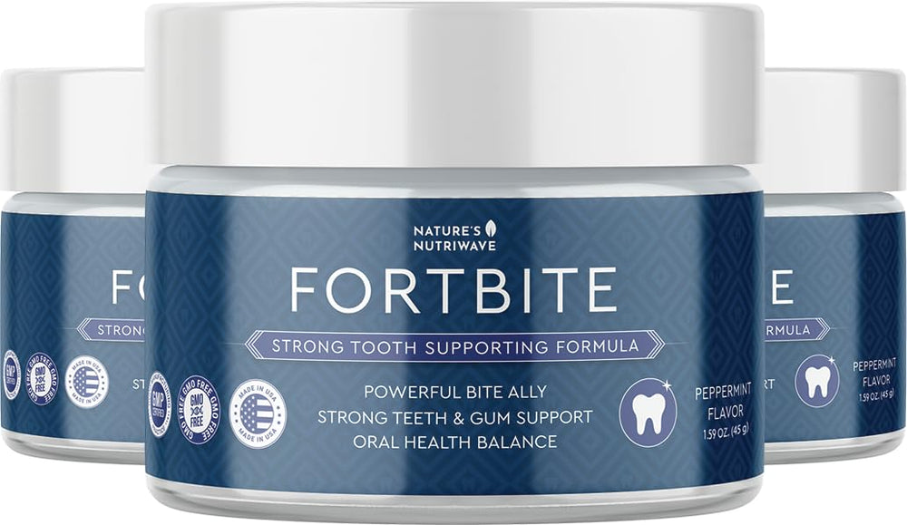 FortBite natural tooth powder packshot showing the 1.59 oz / 45 g jar
