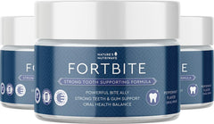 FortBite natural tooth powder packshot showing the 1.59 oz / 45 g jar