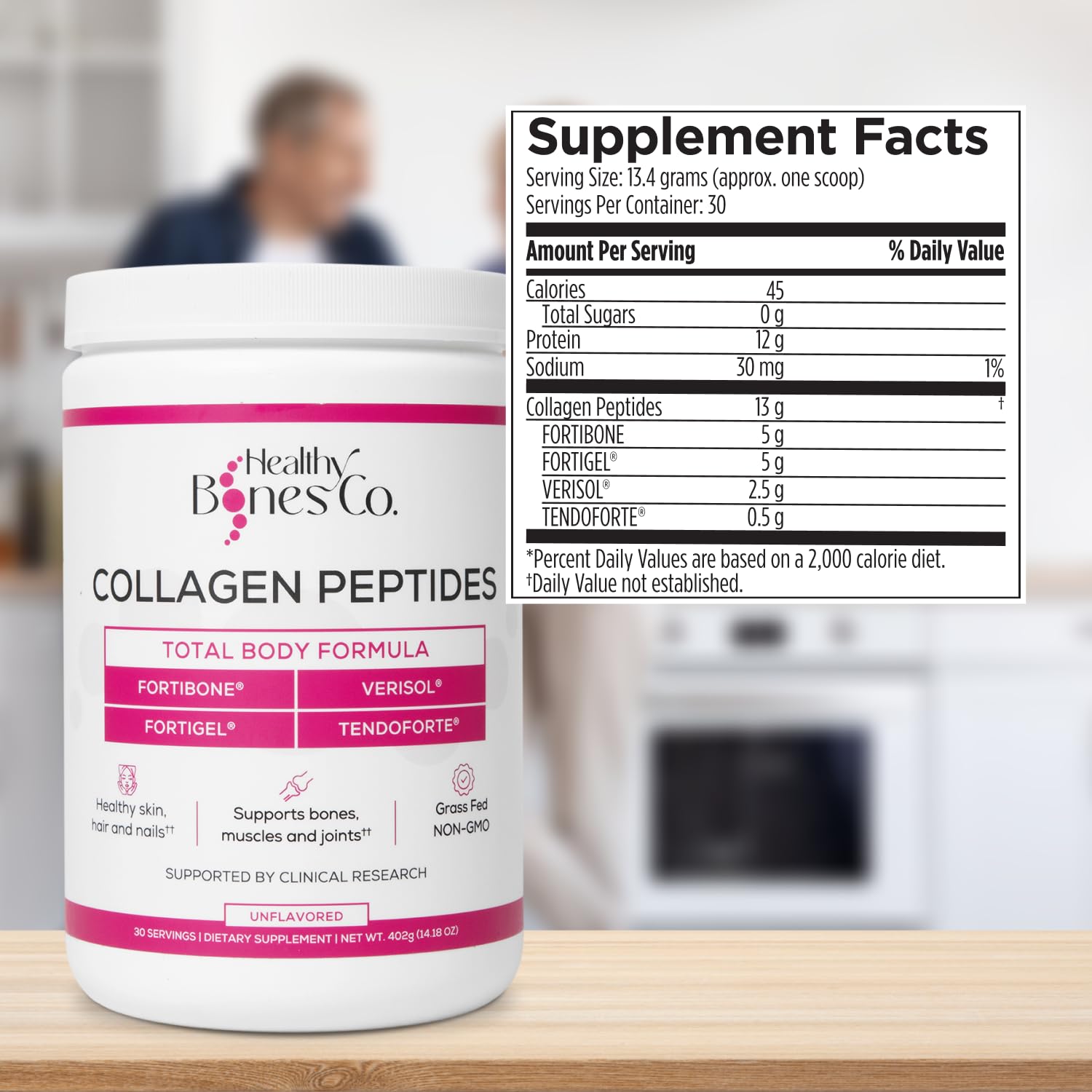 Gluten-free, dairy-free, non-GMO label on Fortibone container