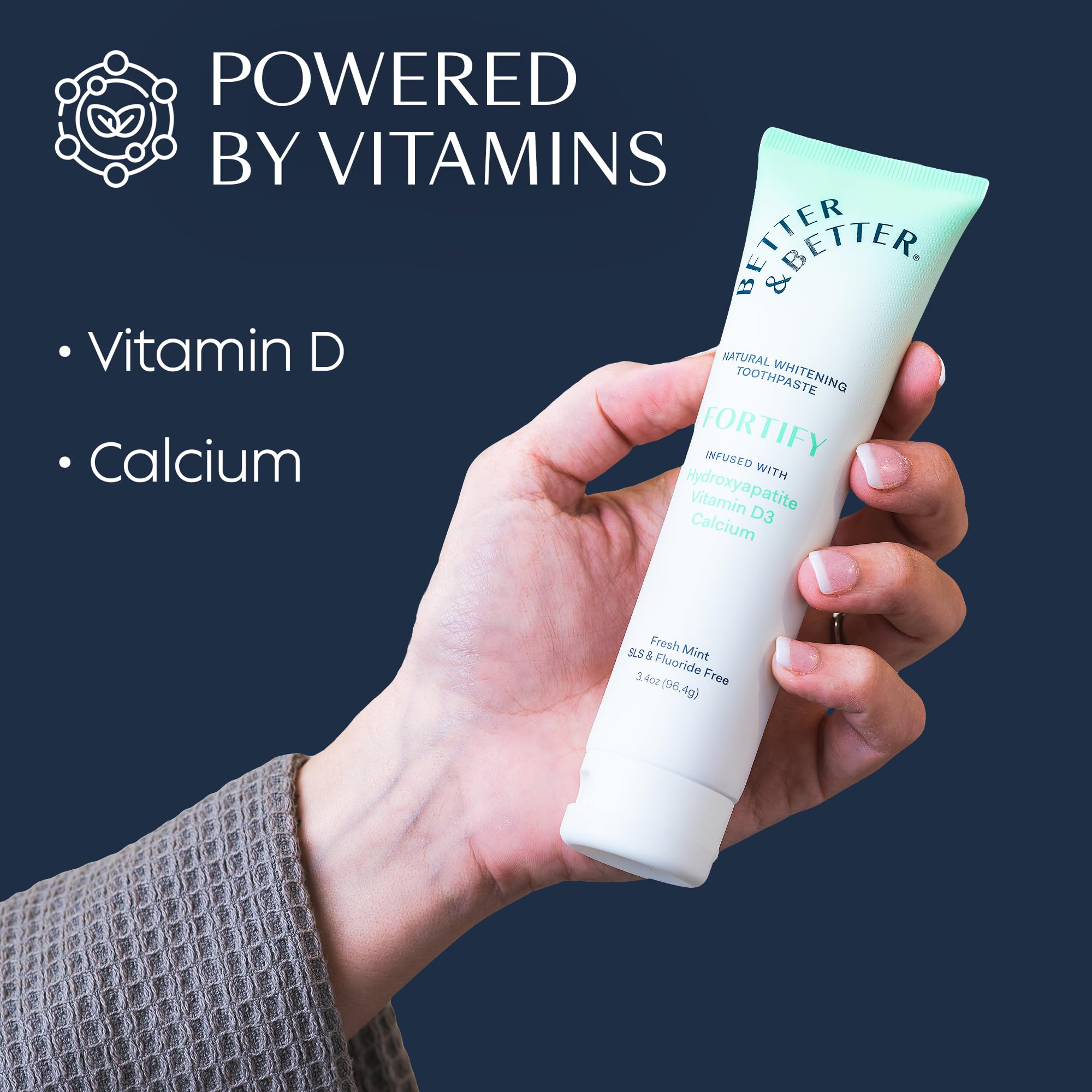 Whole 3.4oz Fortify toothpaste package with mint leaves