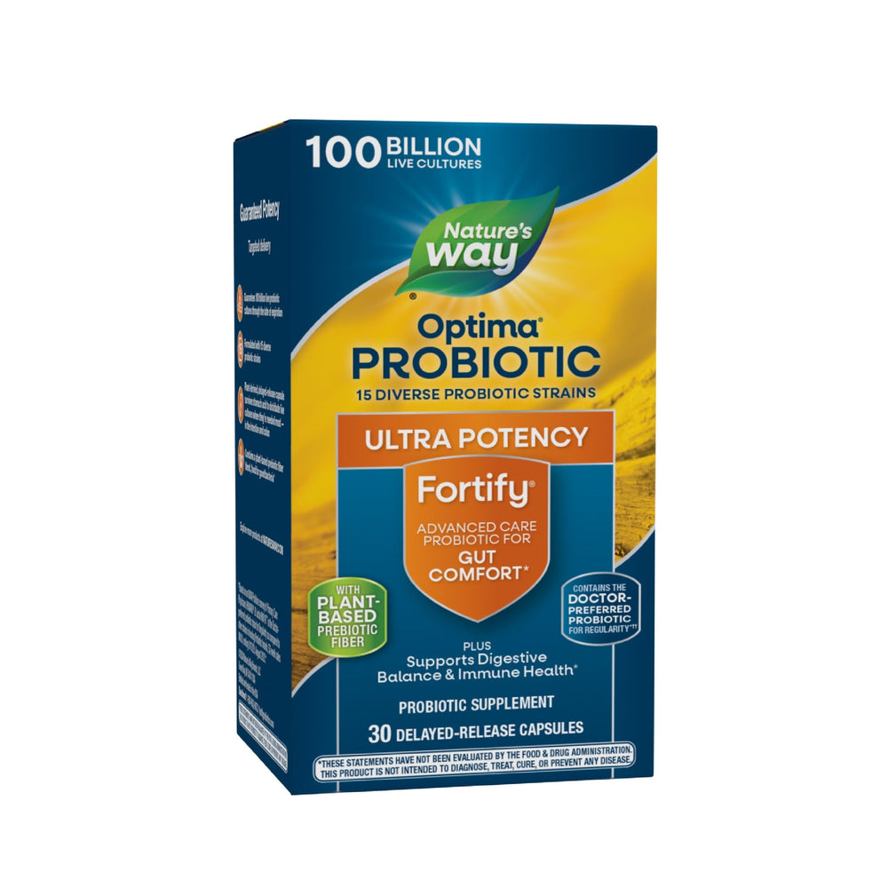 Fortify Optima probiotic bottle front view with 30 capsules