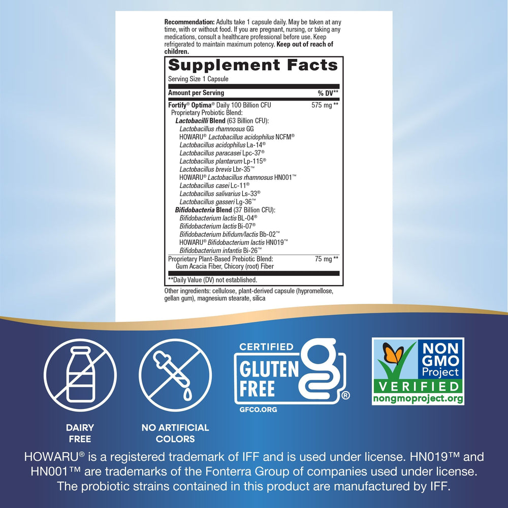 Fortify Optima probiotic label highlighting 100B and 15 strains