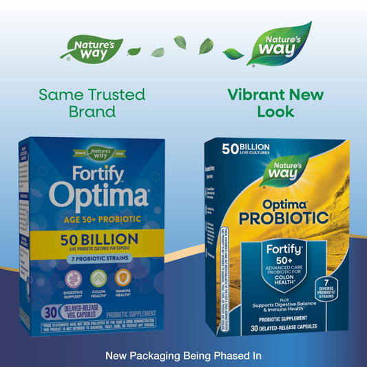 Close-up of Fortify Optima Probiotic label with 50b cultures and 7 strains