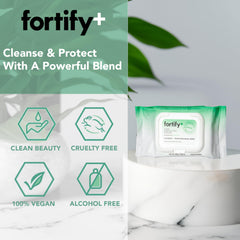 Fortify Skincare wipes for all skin types, non-drying and gentle cleanse