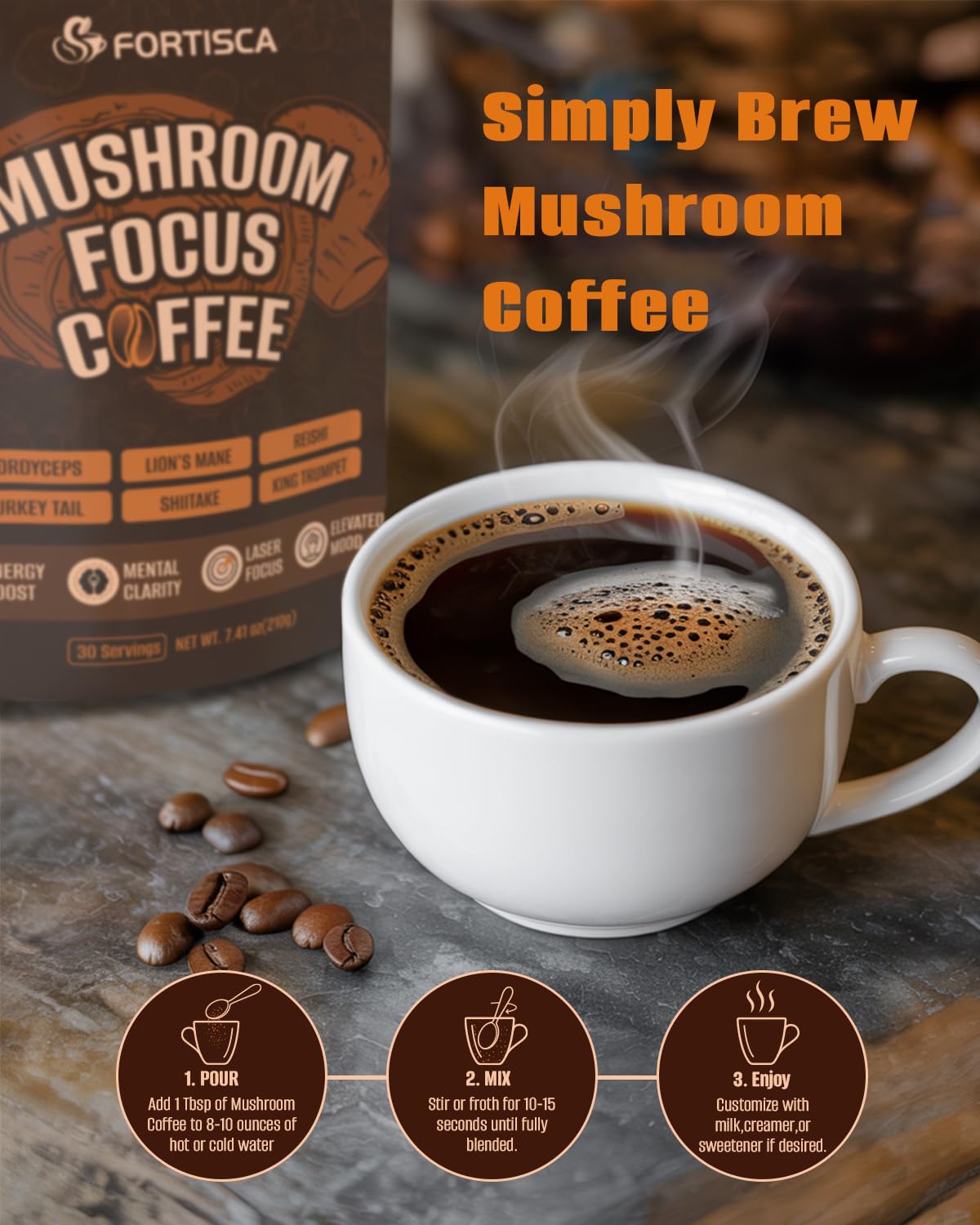 Brewing instructions for instant mushroom coffee