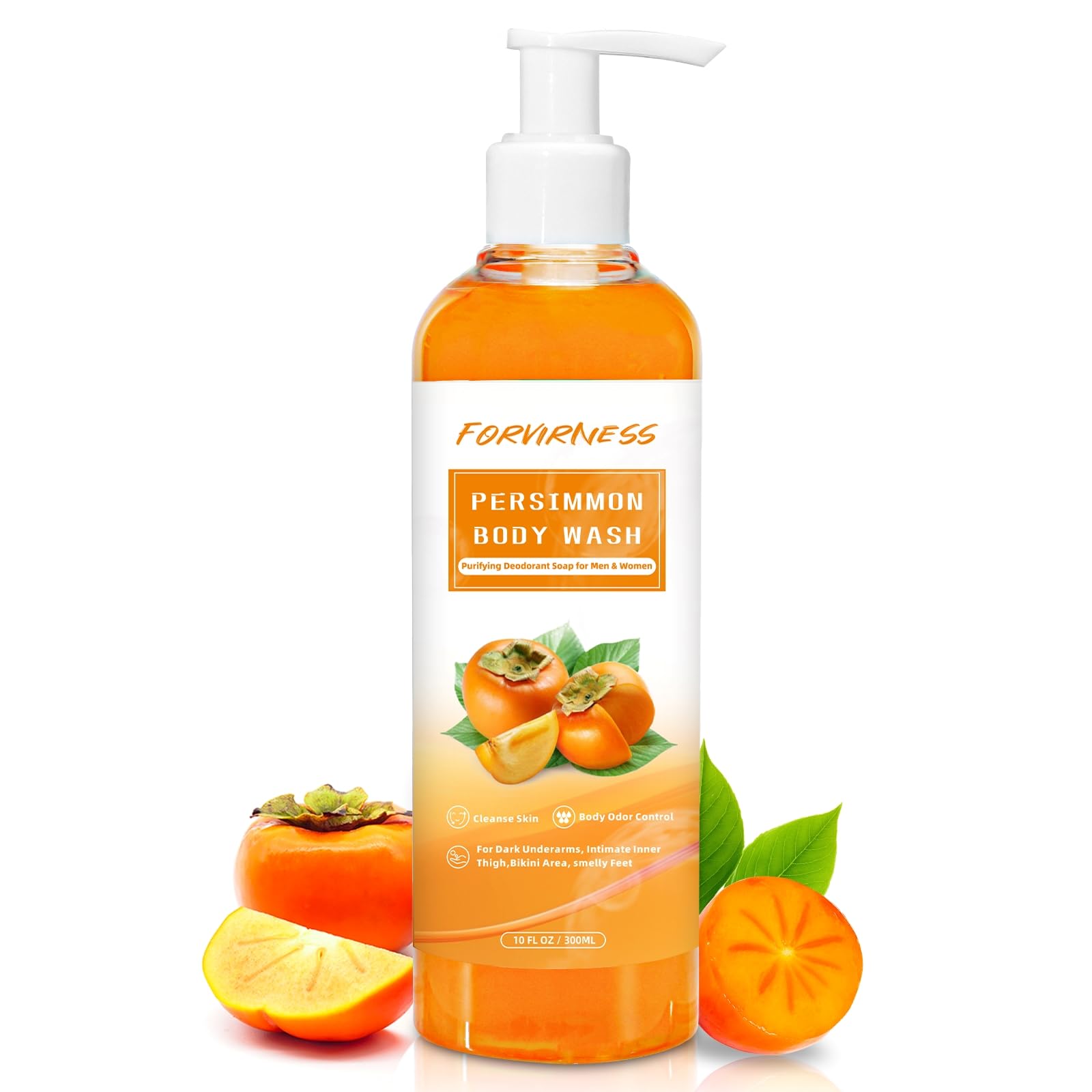 Forvirness Persimmon Body Wash bottle being poured for a refreshing cleanse.