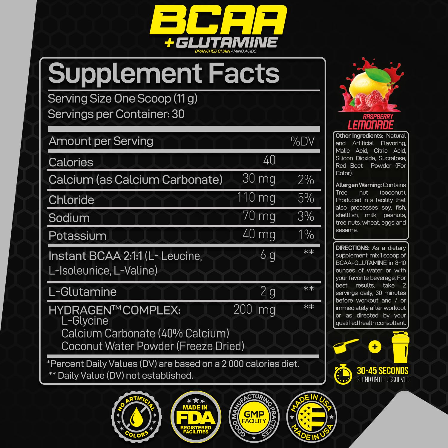 Nutritional ingredients panel on Forzagen BCAA powder packaging