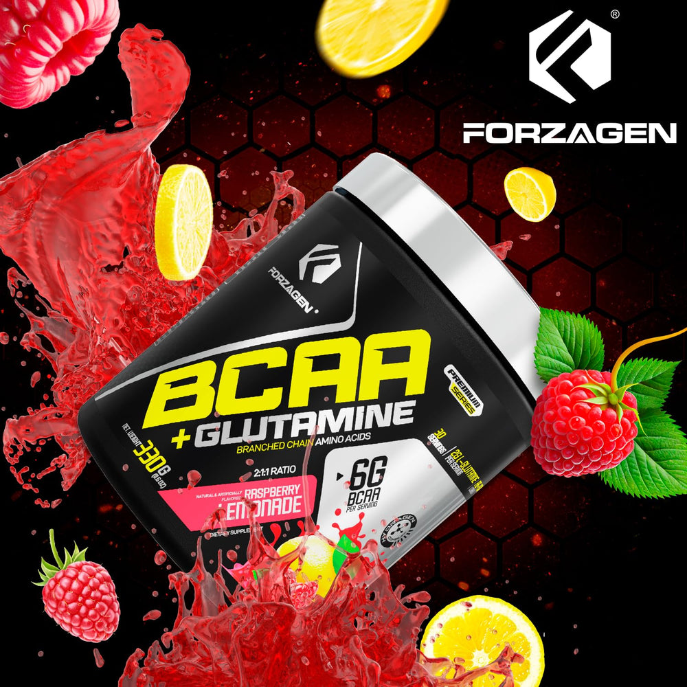 Packaging of Forzagen BCAA powder on table