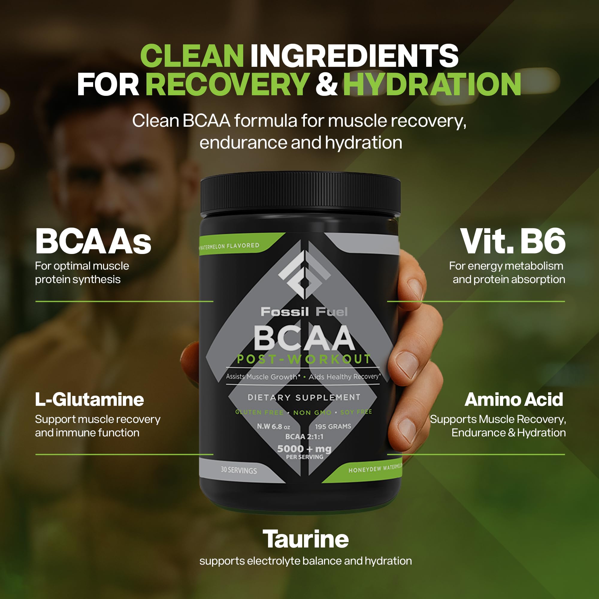 Serving scoop of Fossil Fuel BCAA Powder Honeydew Watermelon flavor