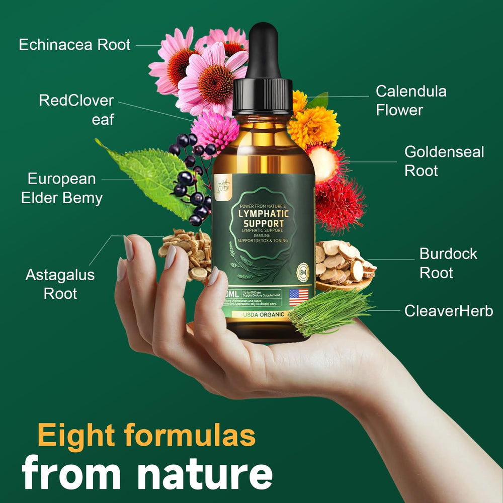 Herbal blend imagery showing Echinacea, Elderberry, Red Clover, Calendula