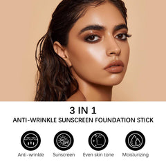 3-in-1 foundation stick creme-to-powder texture melts into skin
