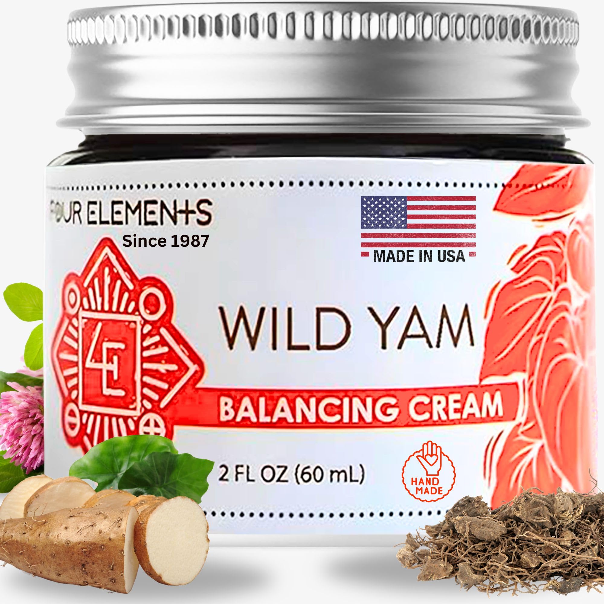 Four Elements 4E Wild Yam Balancing Cream jar showcases organic formula for daily balance
