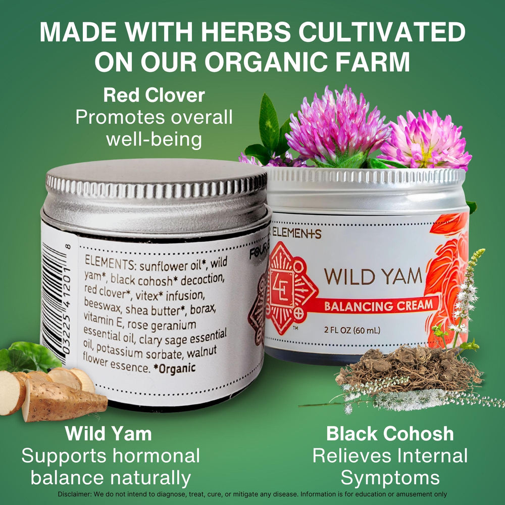 Four Elements 4E Wild Yam Cream label emphasizes organic Made in USA commitment and potency