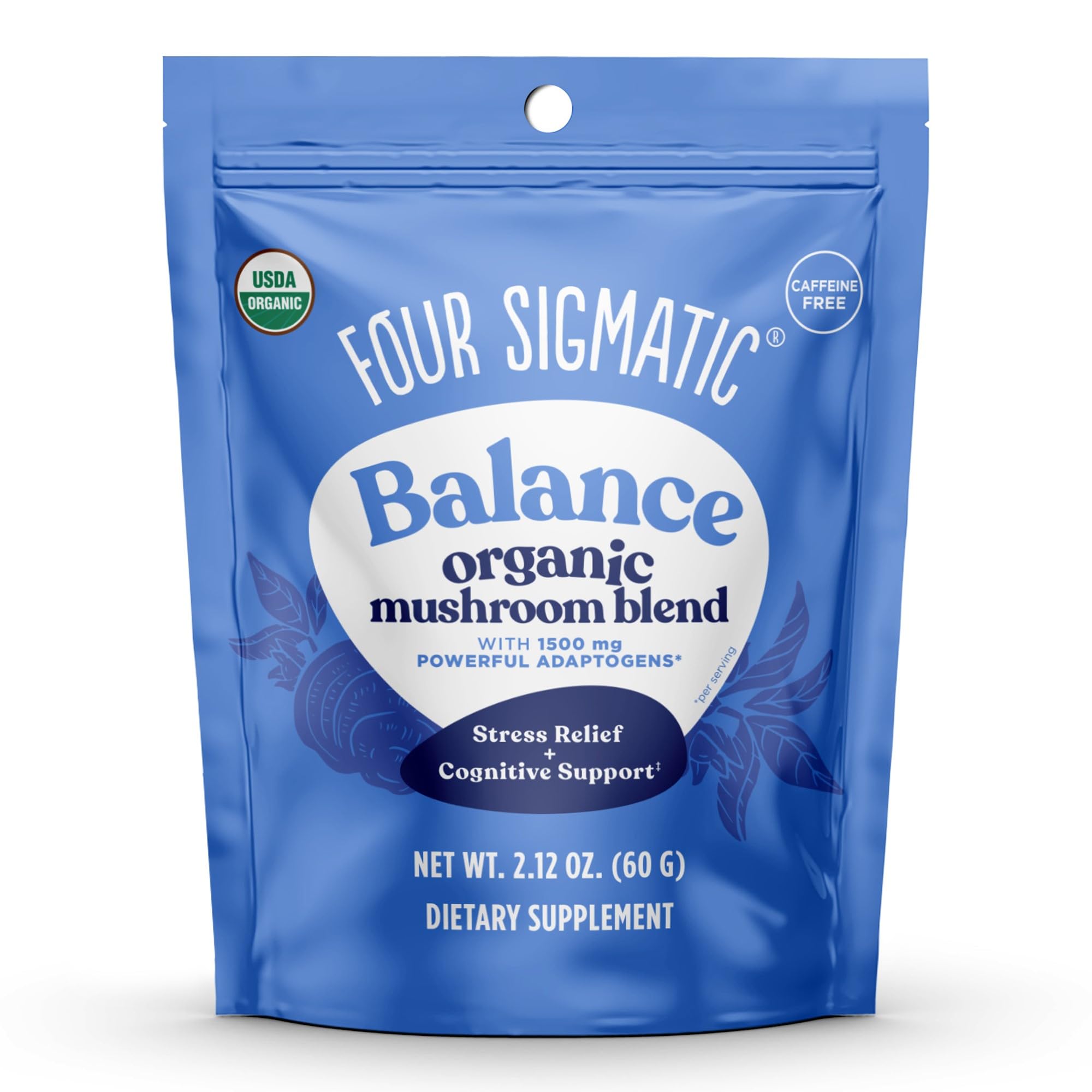 Four Sigmatic Calm Mushroom Blend jar label with Ashwagandha and Reishi