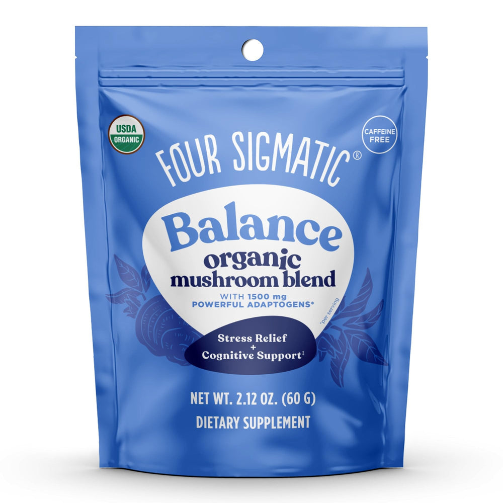 Four Sigmatic Calm Mushroom Blend jar label with Ashwagandha and Reishi