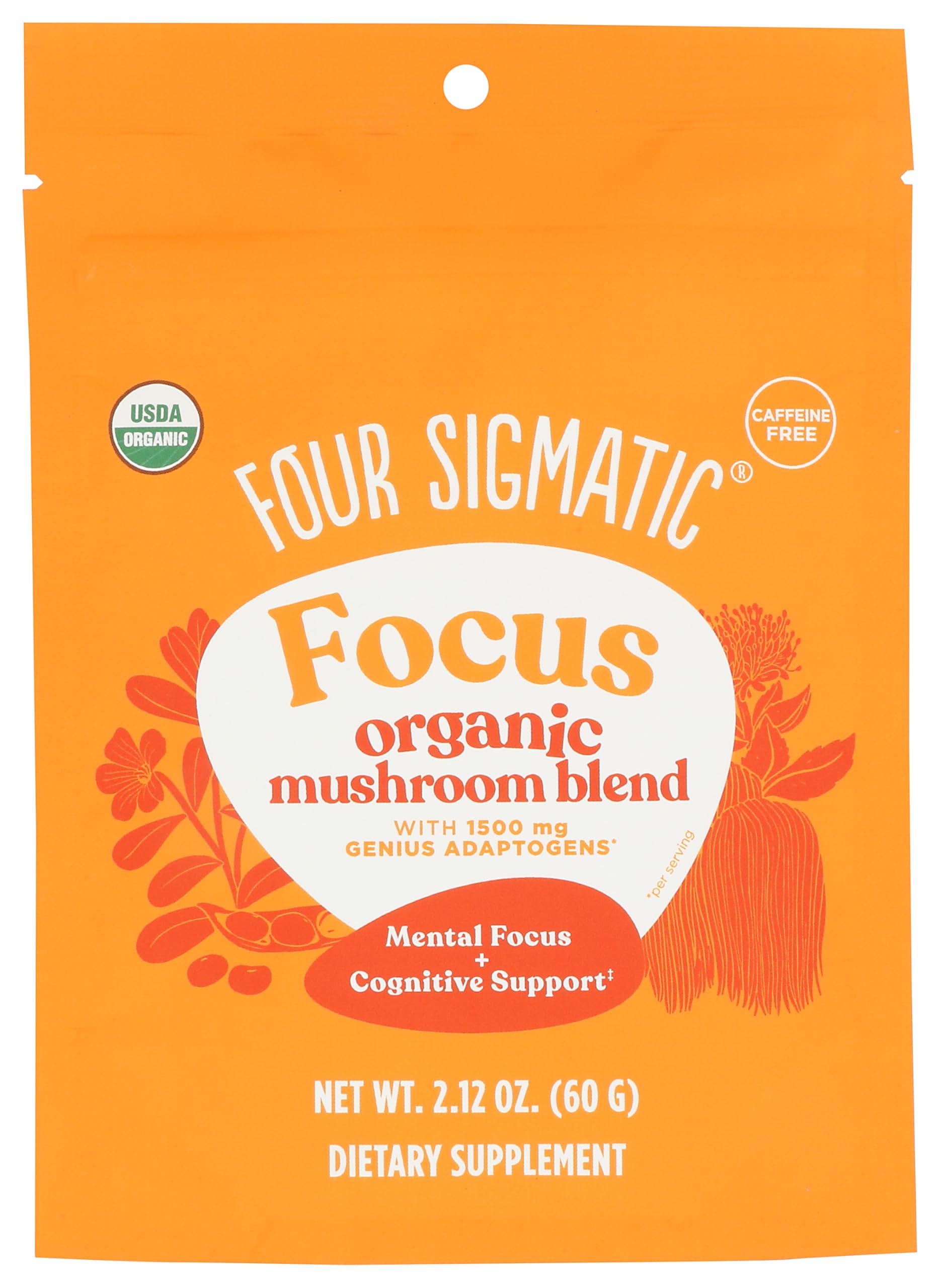 Four Sigmatic Focus Blend bottle with label describing 7 adaptogens