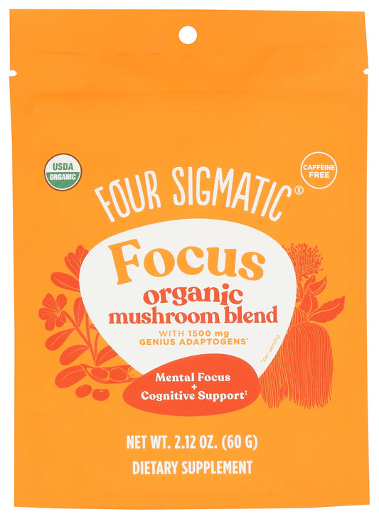 Four Sigmatic Focus Blend bottle with label describing 7 adaptogens