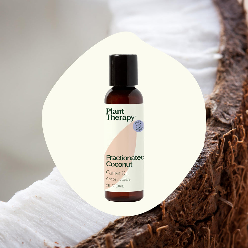 Close-up of the label on fractionated coconut oil bottle