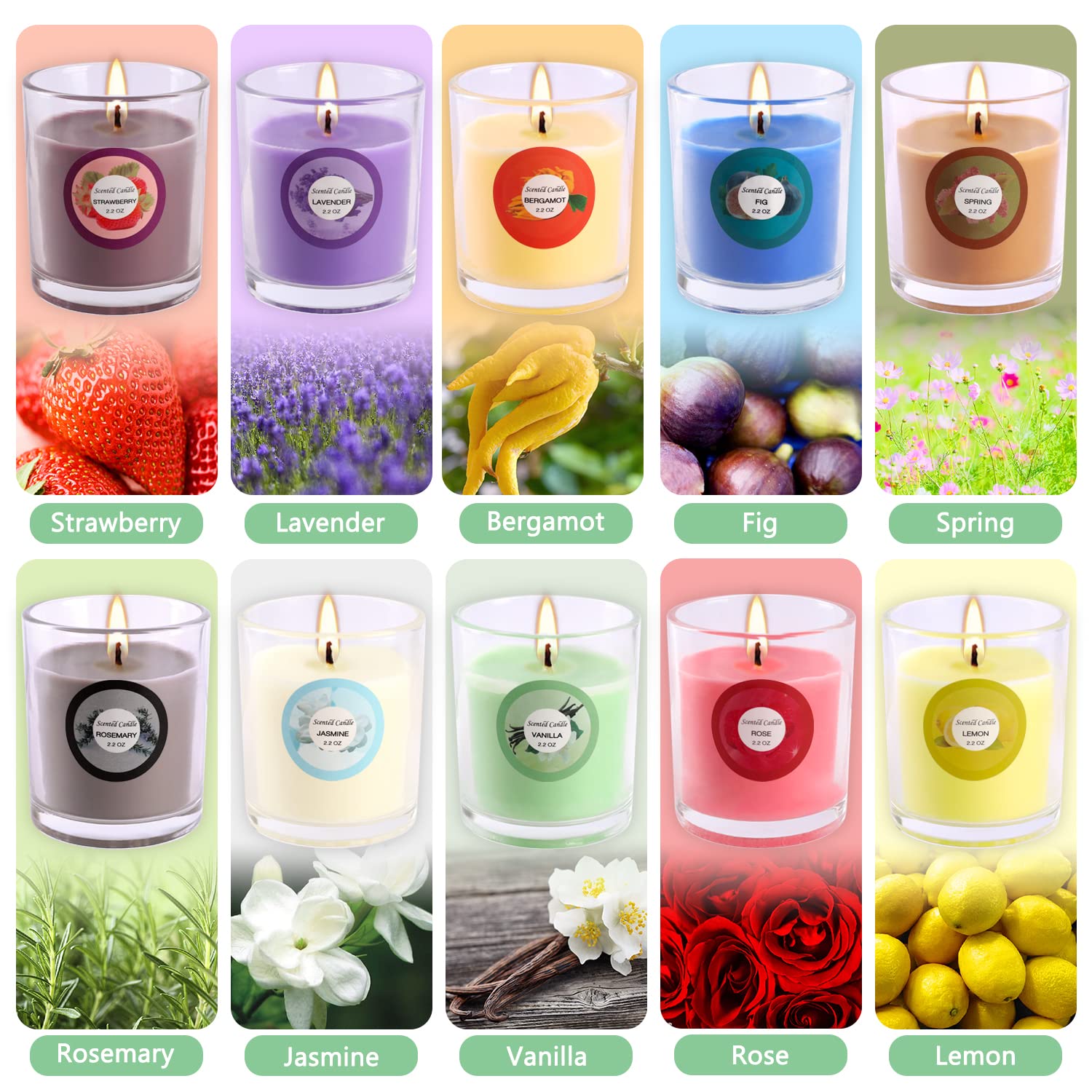 Ten fragrance collection including jasmine rose vanilla and bergamot
