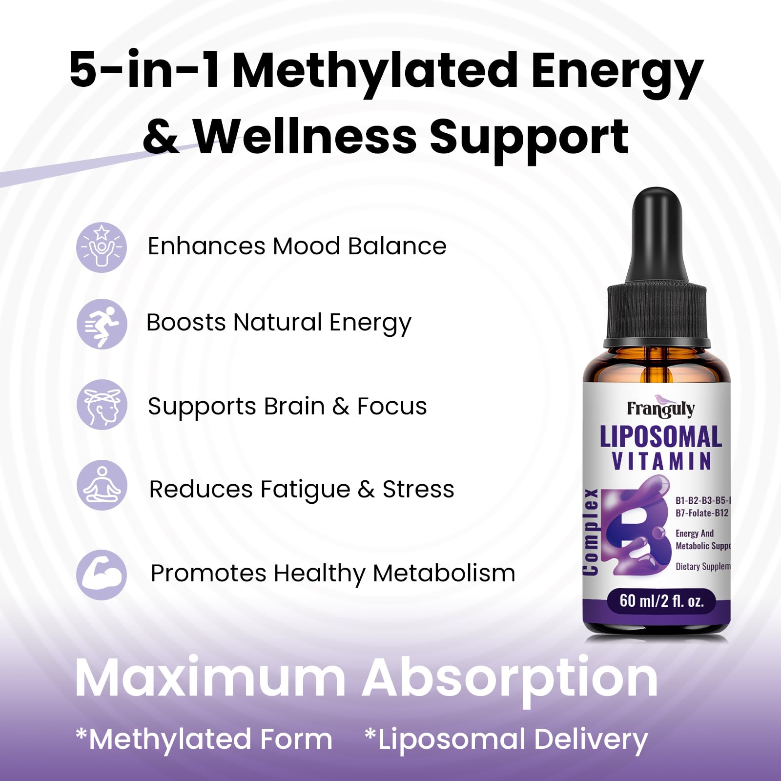 Franguly liposomal B complex liquid dosage instruction close-up for accurate dosing.