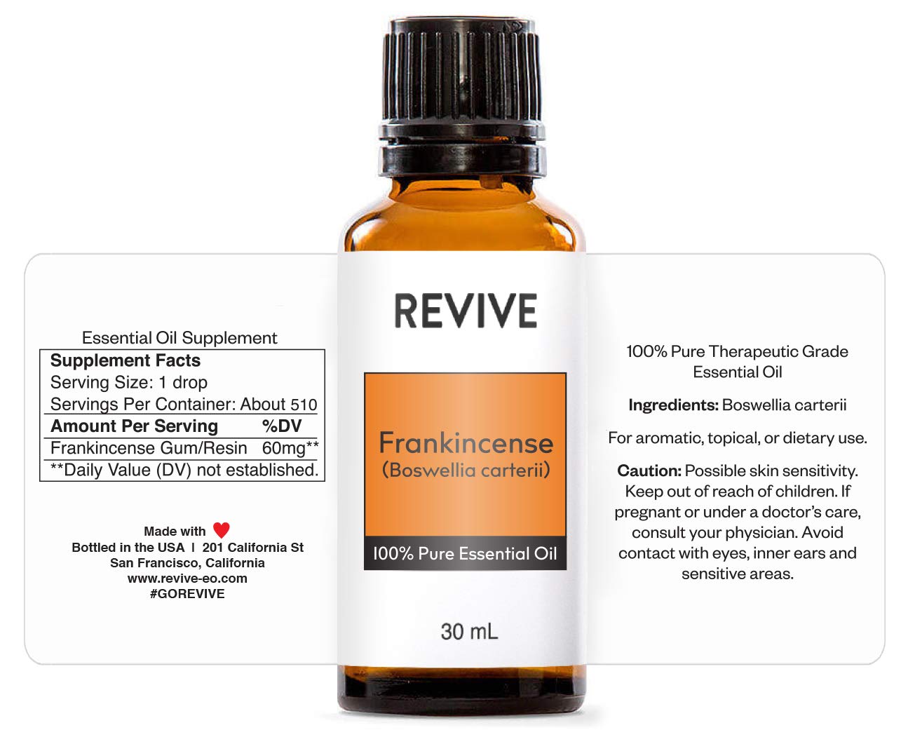 Close-up of Revive Frankincense oil bottle 30mL